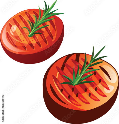 Two delicious grilled tomato slices garnished with fresh rosemary sprigs