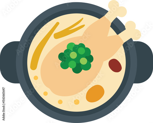 Traditional Korean dish Samgyetang, featuring a whole chicken boiled with ginseng, jujube, and garlic. Popular in summer as a stamina food during Boknal days.