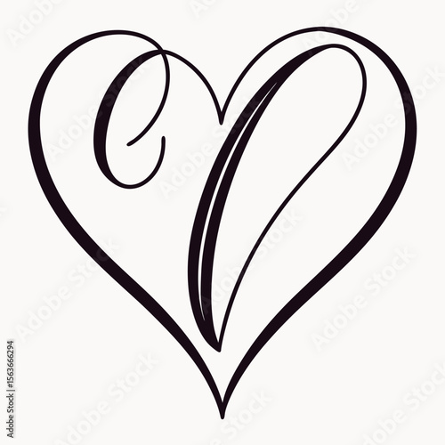 Elegant flourish heart symbol with a calligraphic c and v isolated on white background