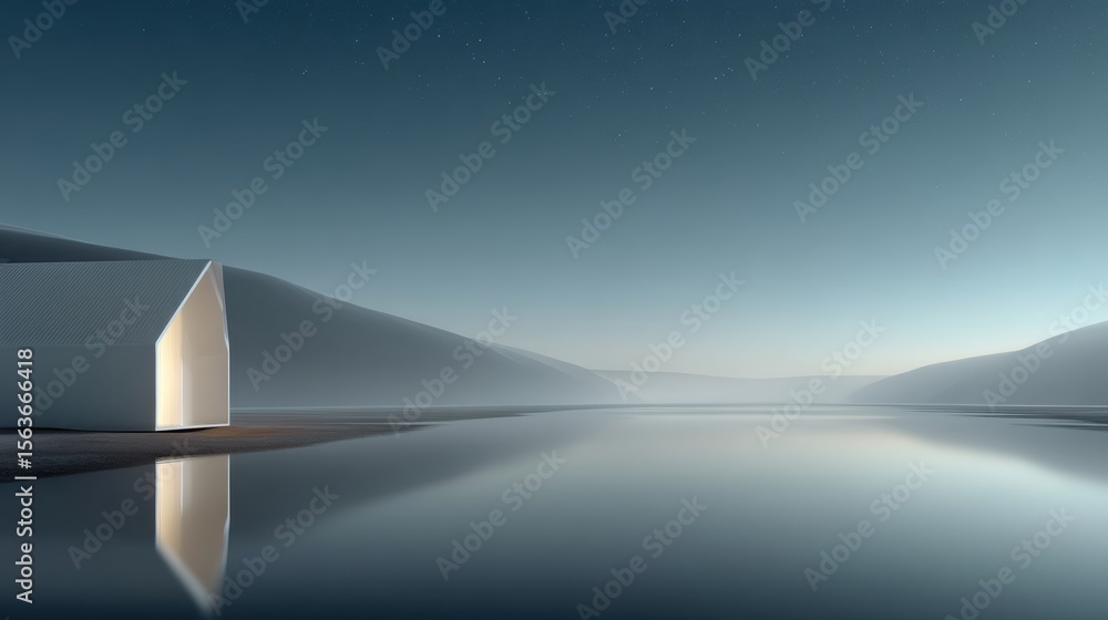 Minima white modern house with warm interior lighting nestled between smooth rolling hills reflecting on calm glassy water under a clear pale sky during twilight calm scene Minima white modern house with warm interior lighting nestled between smooth rolling hills reflecting on calm glassy water under a clear pale sky during twilight calm scene