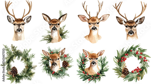Watercolor Deer Head and Wreath Collection for Christmas and Winter Holiday Designs on White