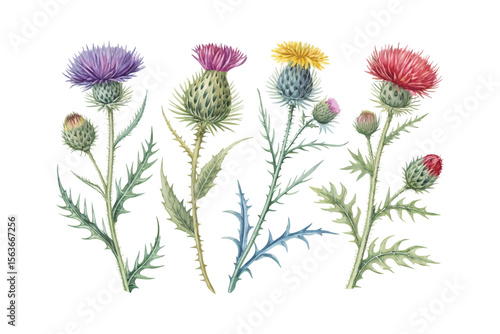 set of watercolor Thistle branch vector illustration isolated on white background