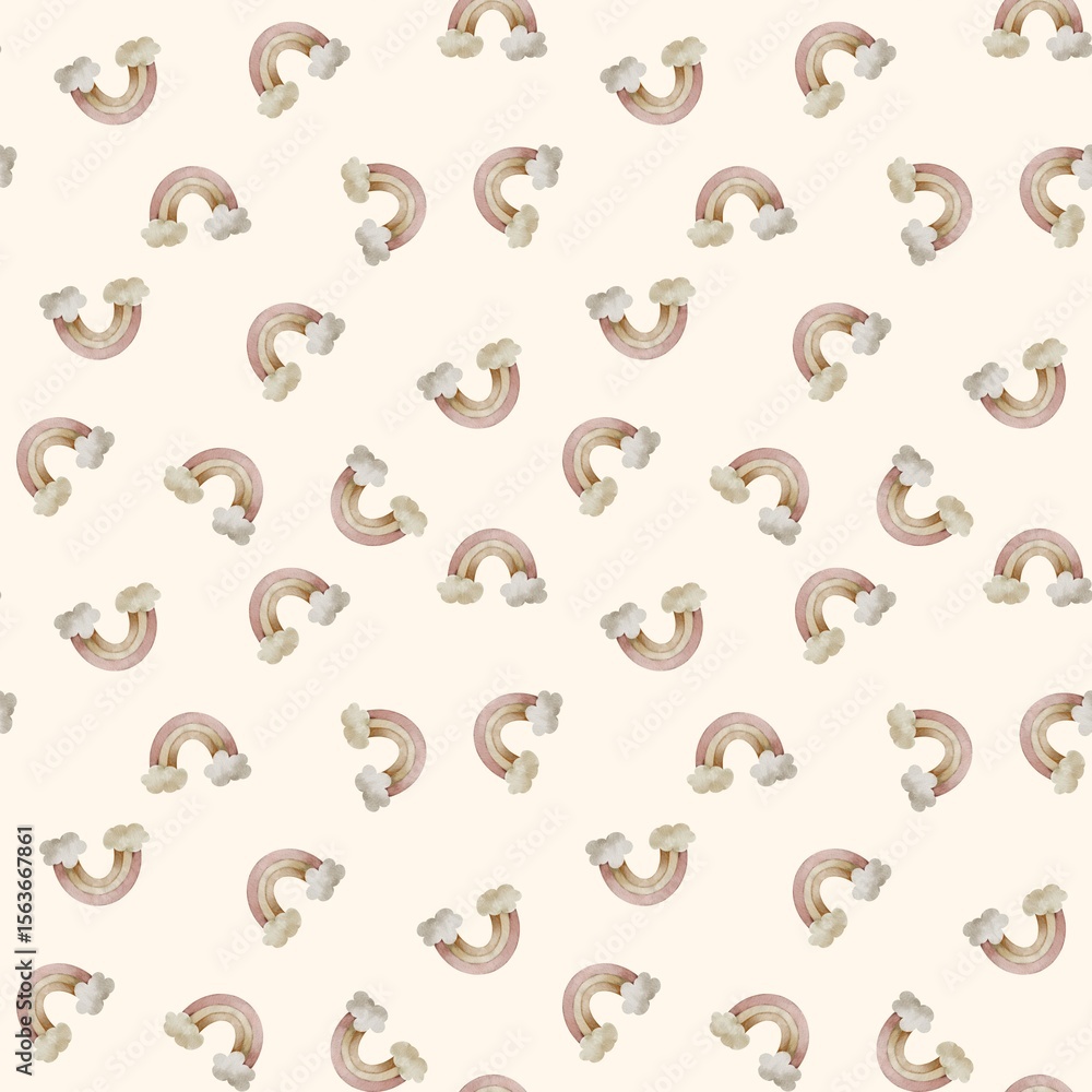 Obraz premium Seamless watercolor pattern with pastel rainbows on a beige background. Hand-painted baby design for nursery decor, fabric, and kids projects.
