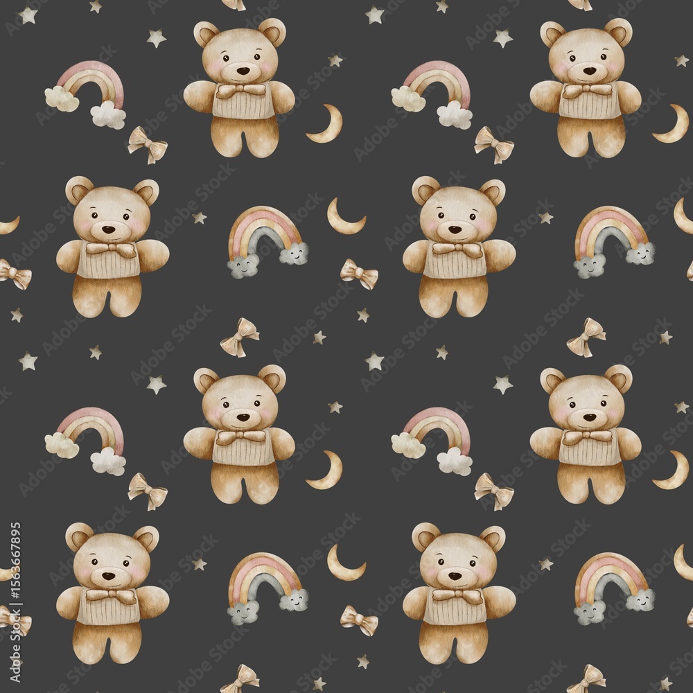 Obraz premium Seamless watercolor pattern with a teddy bear in a sweater and bow tie, pastel stars, moons, butterflies, and rainbows on a dark background. Hand-painted bedtime design for nursery textiles 