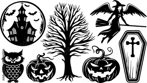 Collection of Halloween silhouettes. Haunted house, creepy tree, flying witch, pumpkins, halloween ghost, owl, coffin lid etc