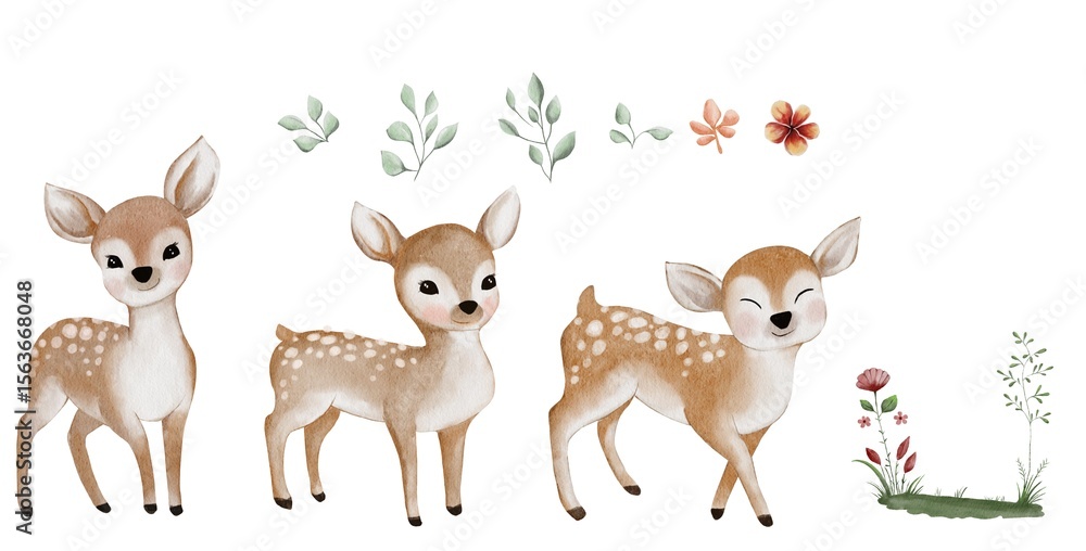 Fototapeta premium Three cute watercolor fawns with flowers and leaves. Soft hand-painted clipart for nursery, baby shower, and woodland designs