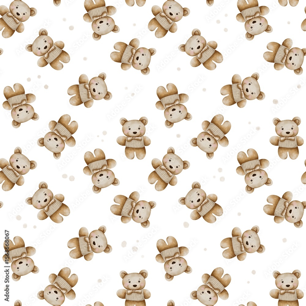 Fototapeta premium Seamless watercolor pattern with teddy bears in sweaters and bow ties on a white background. Hand-painted soft design for nursery, baby fabrics, and kids products.