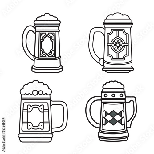 line art of german beer stein filled with frothy set bundle on the white background