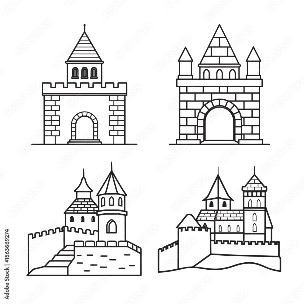 Fototapeta premium line art of czech castle tower rising above mediev set bundle on the background