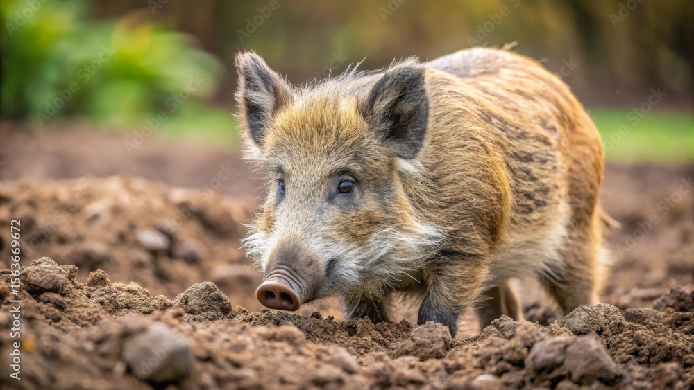 A Young Wild Boar Investigates the Earth, Its Bristly Fur and Keen Eyes Focused on the Ground A Young Wild Boar Investigates the Earth, Its Bristly Fur and Keen Eyes Focused on the Ground