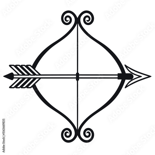 Stylized black bow and arrow emblem with ornate scrollwork isolated on white background