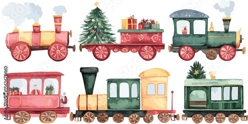Watercolor Christmas Train Illustration with Presents and a Christmas Tree on White Background for Holiday Season