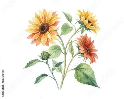 watercolor Sunflower Branch vector illustration isolated on white background
