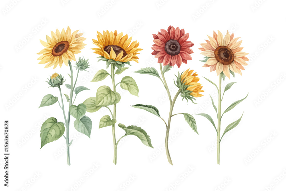 Fototapeta premium set of watercolor Sunflower Branch vector illustration isolated on white background