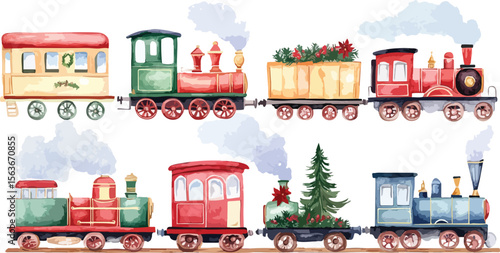 Watercolor Christmas Train Illustration with Festive Decorations and Holiday Cheer on a White Background
