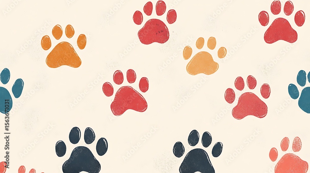 Fototapeta premium Seamless pattern of colorful dog paw prints creative design for textile and surface decoration cute wallpaper