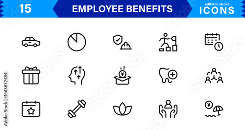 Employee Benefits Icon Set Representing Health, Retirement, Paid Leave, Bonuses, and Work-Life Balance Concepts in a Professional, Minimal Vector Design