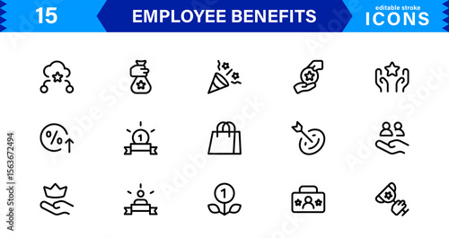Employee Benefits Icon Set Representing Health, Retirement, Paid Leave, Bonuses, and Work-Life Balance Concepts in a Professional, Minimal Vector Design