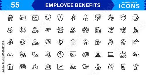 Employee Benefits Icon Set Representing Health, Retirement, Paid Leave, Bonuses, and Work-Life Balance Concepts in a Professional, Minimal Vector Design