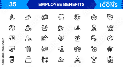 Employee Benefits Icon Set Representing Health, Retirement, Paid Leave, Bonuses, and Work-Life Balance Concepts in a Professional, Minimal Vector Design