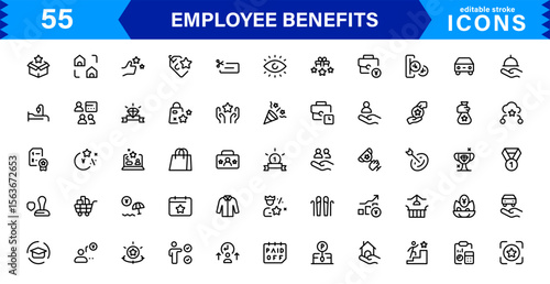 Employee Benefits Icon Set Representing Health, Retirement, Paid Leave, Bonuses, and Work-Life Balance Concepts in a Professional, Minimal Vector Design