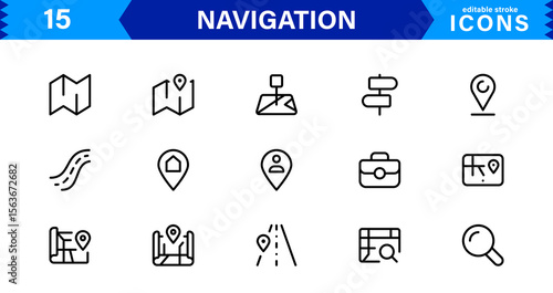 Navigation Icon Set Featuring Map, Compass, Direction, Location, and GPS Concepts in a Simple, Download-Ready, and Professional Vector Style