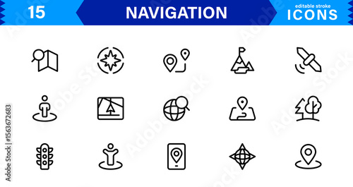 Navigation Icon Set Featuring Map, Compass, Direction, Location, and GPS Concepts in a Simple, Download-Ready, and Professional Vector Style