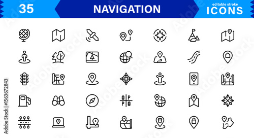 Navigation Icon Set Featuring Map, Compass, Direction, Location, and GPS Concepts in a Simple, Download-Ready, and Professional Vector Style