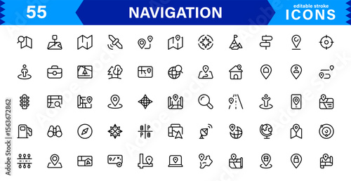 Navigation Icon Set Featuring Map, Compass, Direction, Location, and GPS Concepts in a Simple, Download-Ready, and Professional Vector Style