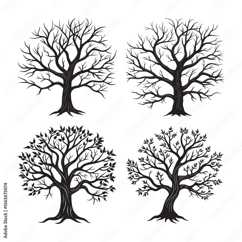 Obraz premium silhouette bare tree branch in winter set bundle on the white background