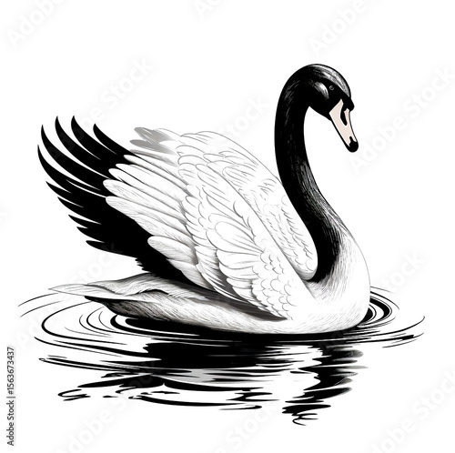 Painting of a black swan in a natural river