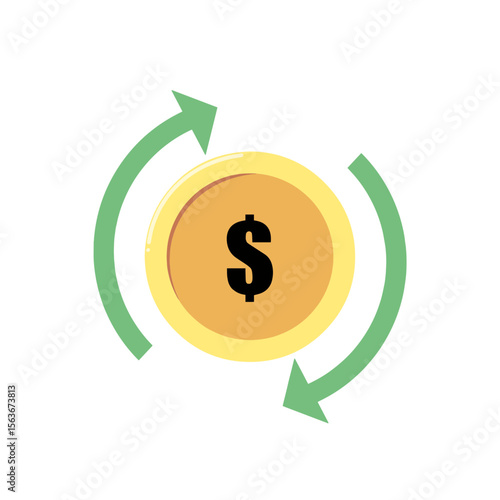 Flat Vector Illustration of Dollar Coin with Circular Arrows Representing Currency Exchange