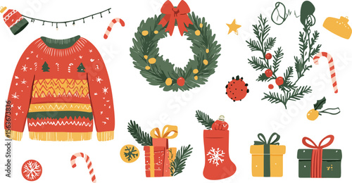 Festive Christmas Holiday Elements Featuring an Ugly Sweater Wreath Presents and Candy Canes on White