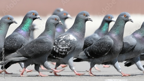 Pigeons walking together on a paved surface in an outdoor setting