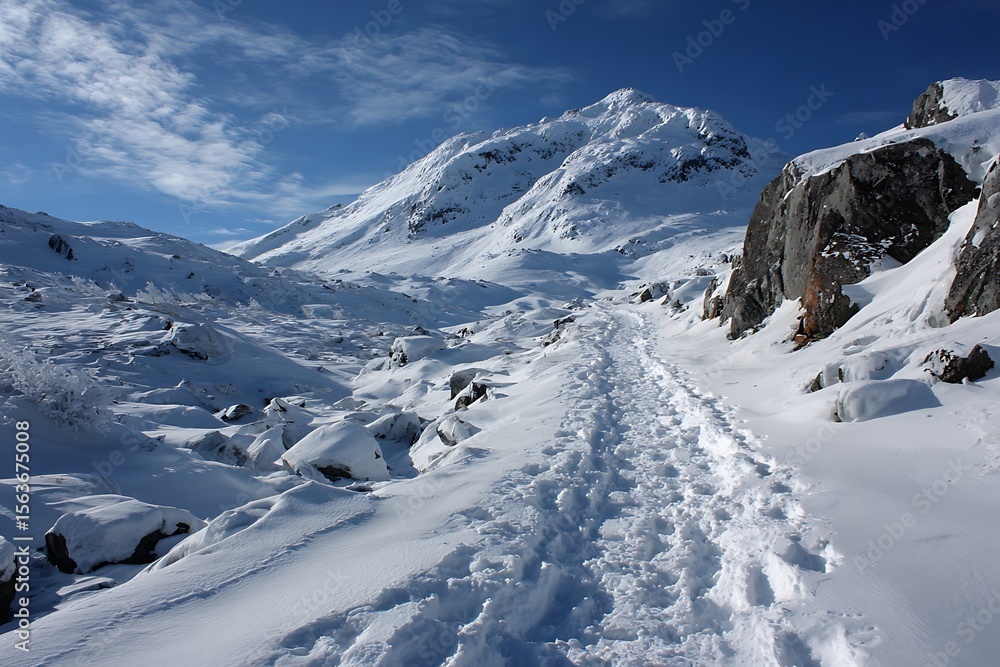 Obraz premium Chic single footprint in snowy mountain landscape view 