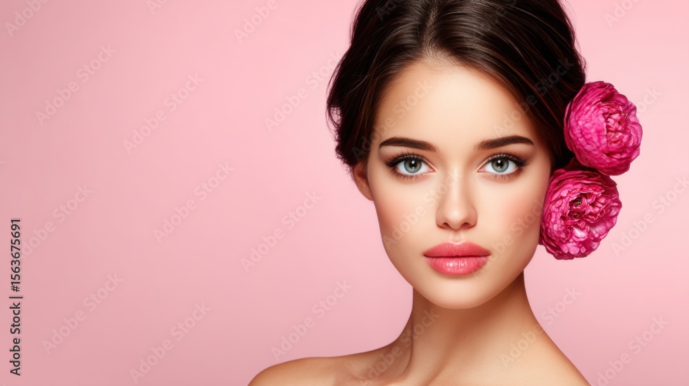 Naklejka premium Woman with dark hair and pink peonies on a soft pink background