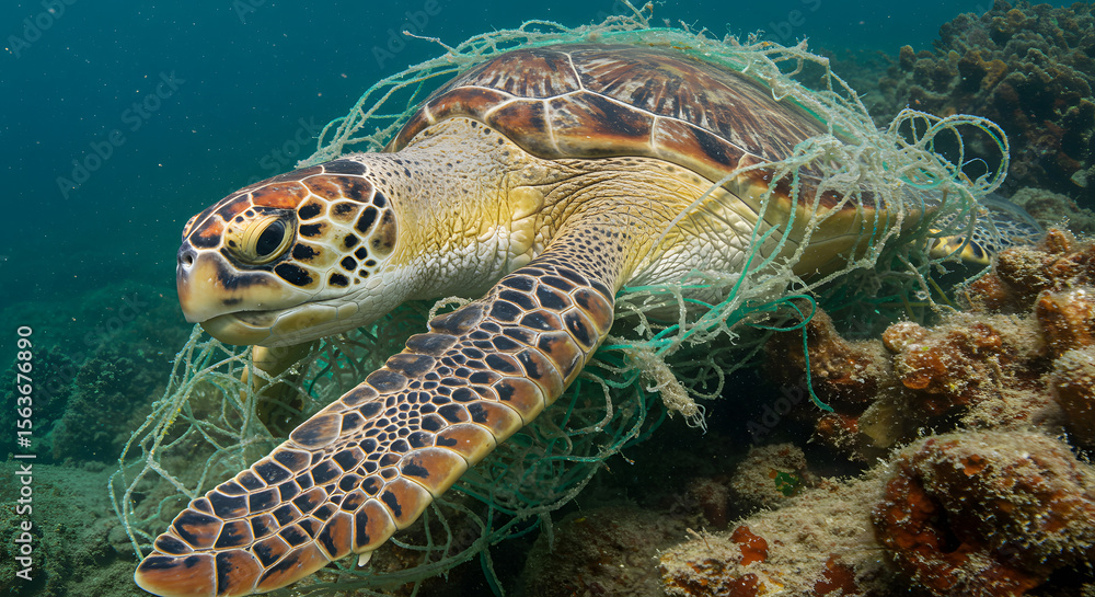 Fototapeta premium Entangled: Sea Turtle and Marine Debris