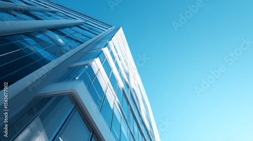 Low angle view of a modern glass building against a clear blue sky on a sunny day in the city