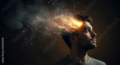 Man's mind explodes with fiery energy, sparks and smoke billowing from his head, a powerful visual metaphor for intense thought or breakthrough.