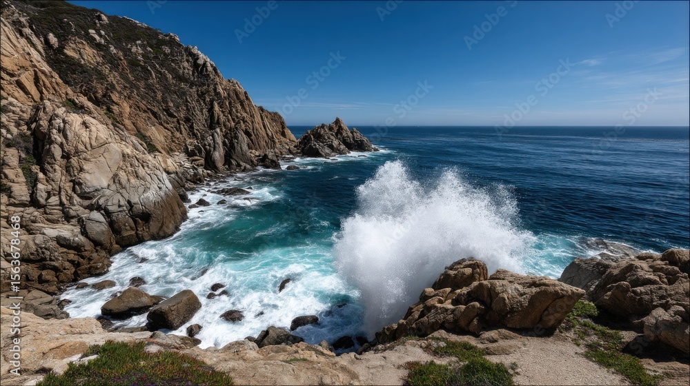 Cliffs and rocky shoreline along the ocean with waves crashing against rocks Cliffs and rocky shoreline along the ocean with waves crashing against rocks