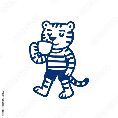 Cute tiger in striped shirt holding a coffee cup