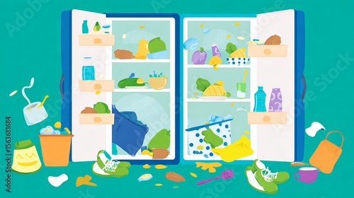 Colorful illustration of a messy refrigerator overflowing with spoiled food, containers, and clutter, showcasing the chaos of disorganization in a kitchen environment
