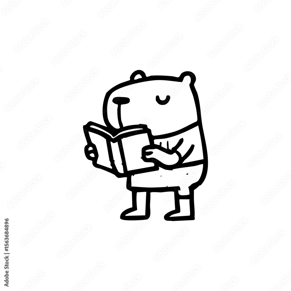 Black and white cartoon illustration of a capybara reading a book Black and white cartoon illustration of a capybara reading a book