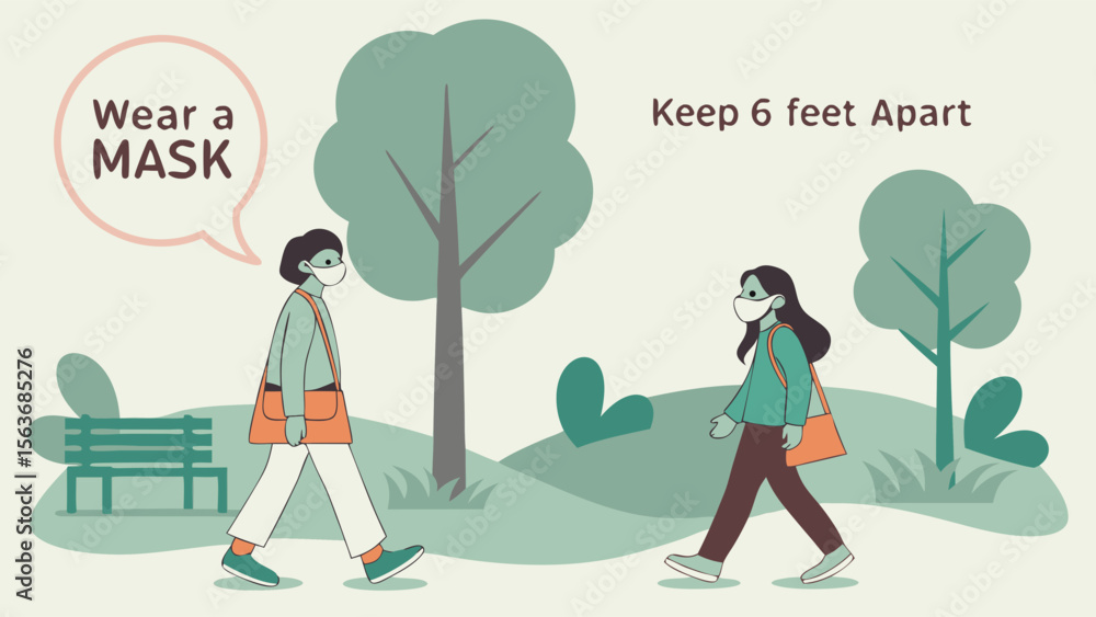 Naklejka premium Social Distancing & Mask Wearing in Park Illustration. Public Health Safety Guidelines for Virus Prevention.