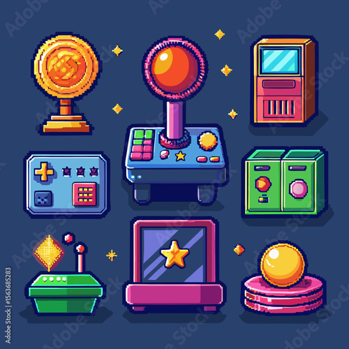 Arcade Game UI Icons – Coin, Bonus Ticket, Joystick, Timer, Leaderboard Badge

