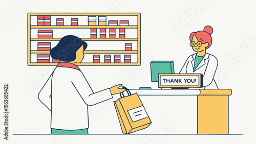 Pharmacist serving customer with medication bag at pharmacy counter. Healthcare service, medical retail, drugstore assistance illustration.