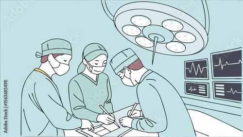 Medical Team Performing Surgery in Operating Room. Healthcare Professionals in Scrubs and Masks with Surgical Light and Monitors.
