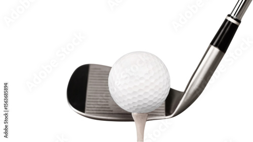 Transparent Background: A golf club poised beneath a golf ball on a tee, showcasing the ready position for a powerful swing in the game of golf.


