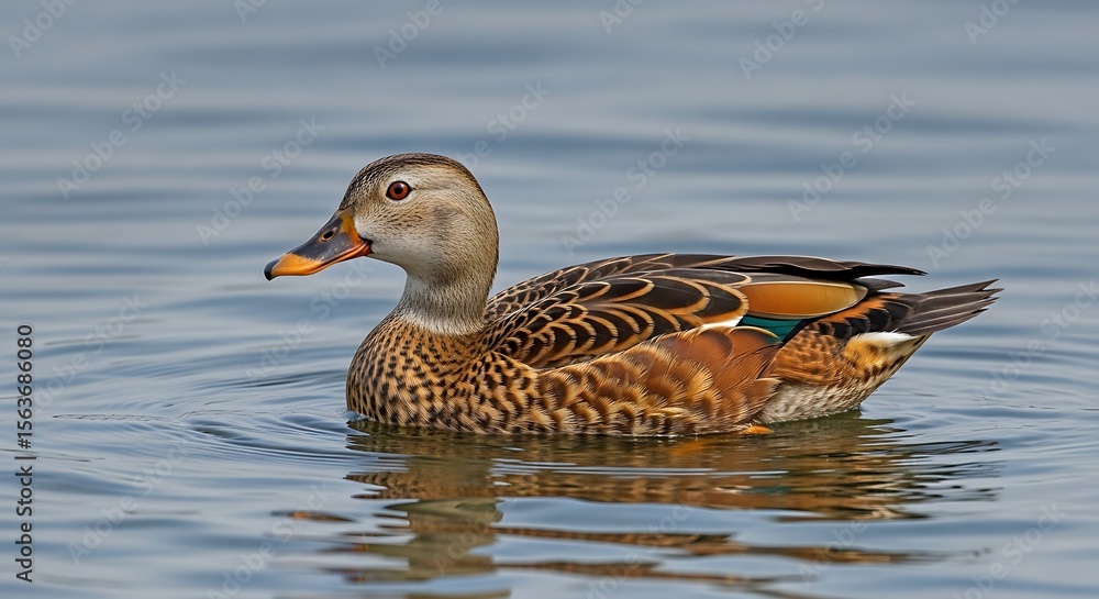 Detailed Closeup Shot of a Beautiful Duck Swimming on Calm Blue Water with Ripples Reflecting its Plumage Detailed Closeup Shot of a Beautiful Duck Swimming on Calm Blue Water with Ripples Reflecting its Plumage