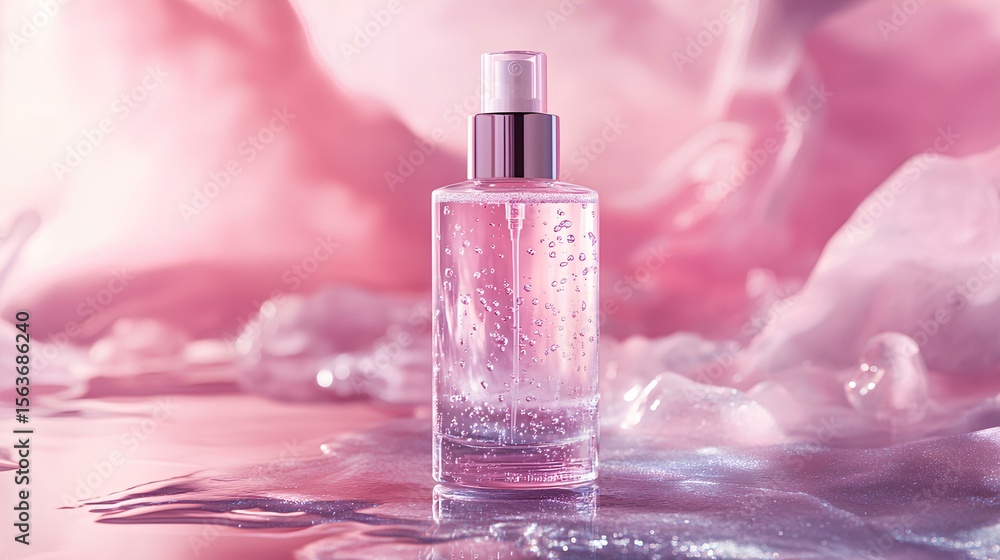 Naklejka premium Elegant fragrance essence: A pristine bottle of luxury essence sits amidst a dreamy setting.